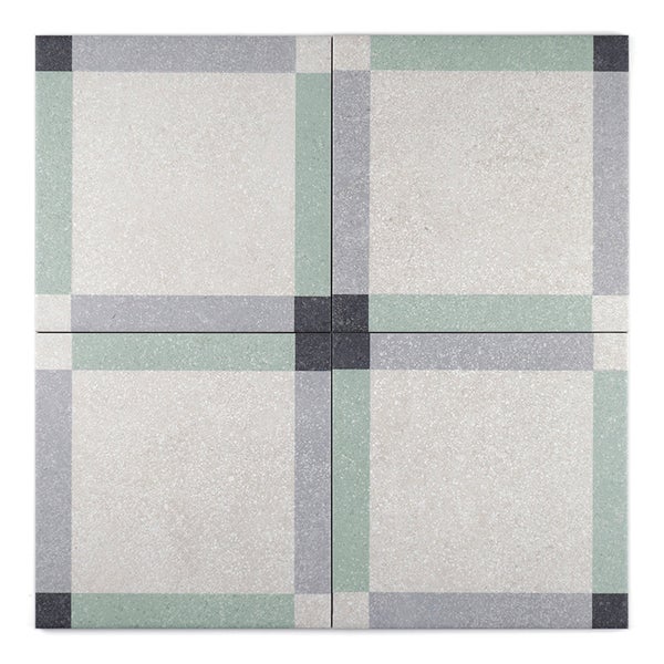 Quadratische Bodenfliese mit geometrischem Muster im Terrazzo Design, Vierer Set Fliesen zur Wand und Bodenverlegung.