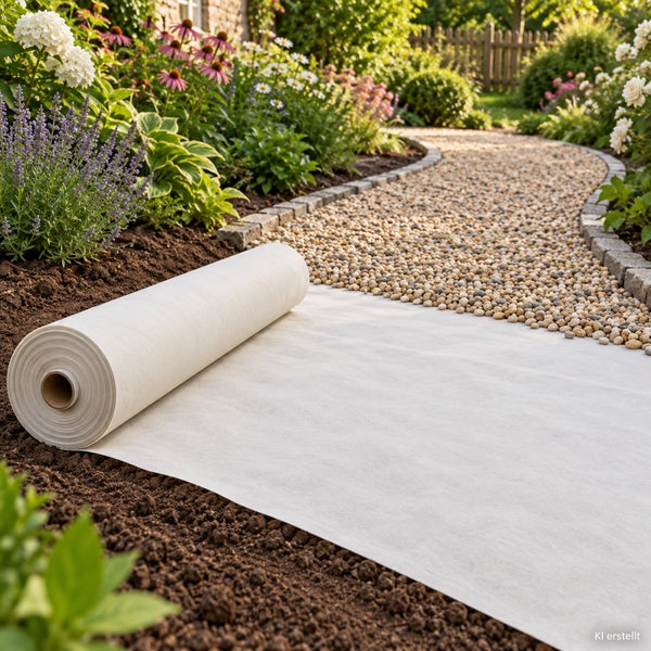 Eine Rolle Unkrautvlies wird auf dem Erdboden im Garten vor einem mit Kies belegten Gartenweg ausgerollt.