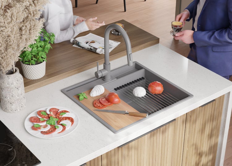 PRIMAGRAN Spülbecken Grau 58x53cm, Granitspüle 1 Becken + Ablauf-Set + Küchenzubehörset, Küchenspüle ab 60er Unterschrank - Oslo Pocket