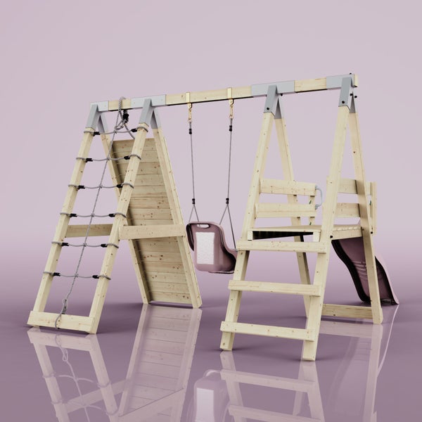 Eine Reihe von Olivenbäumen in großen terrakottafarbenen Töpfen auf Holzpaletten in einer Baumschule im Freien.