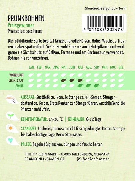 Samenpackung Prunkbohnen mit Informationen zu Aussaat, Ernte und Pflege