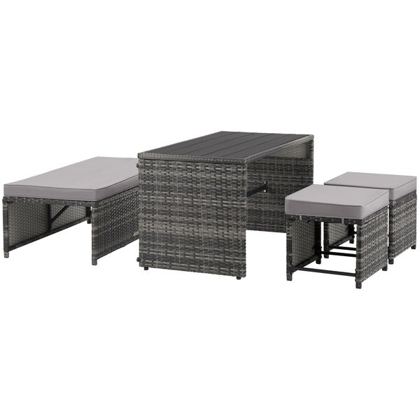 Gartenmöbel-Set aus Polyrattan in Grau, bestehend aus einem Tisch, einer Bank und zwei Hockern inklusive Sitzkissen.