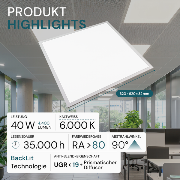Produkt-Highlights einer 620 x 620 x 32 Millimeter grossen LED-Deckenleuchte mit 40 Watt Leistung, 4.400 Lumen, 6.000 Kelvin kaltweissem Licht, 35.000 Stunden Lebensdauer, Farbwiedergabe groesser 80, 90 Grad Abstrahlwinkel, BackLit Technologie, UGR kleiner 19, prismatischer Diffusor
