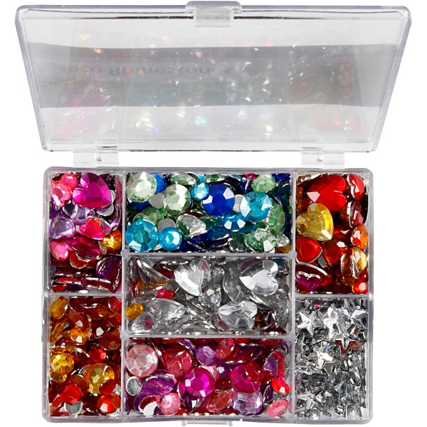Creativ Company  Mix aus Strasssteinen, Taler, Sterne, Herzen, D 6+7+9+10+11+12+14+16 mm, Blau, Pink, Silber, 300 Stk