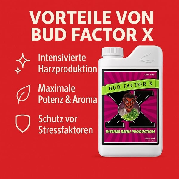 Bud Factor X Flasche für intensivere Harzproduktion, maximale Potenz und Aroma sowie Schutz vor Stressfaktoren