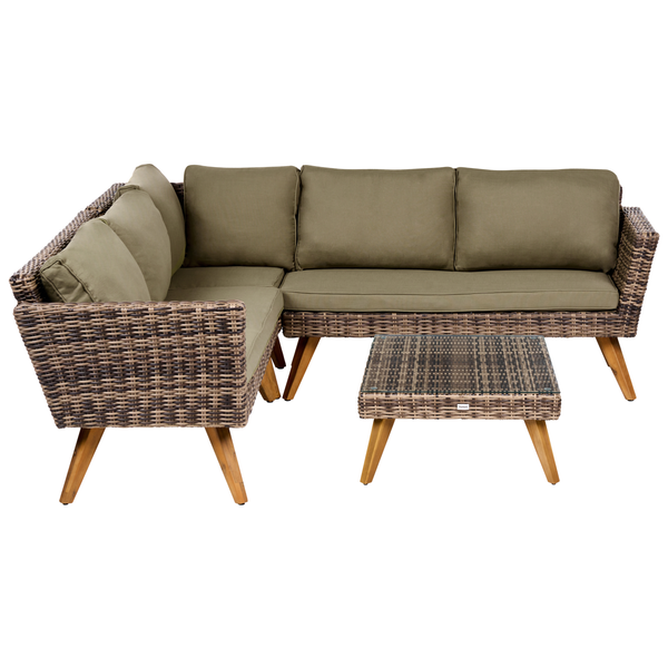 Garten-Lounge-Set aus braunem Geflecht mit Ecksofa, olivgrünen Polstern und Loungetisch mit Glasplatte und Holzfüßen.