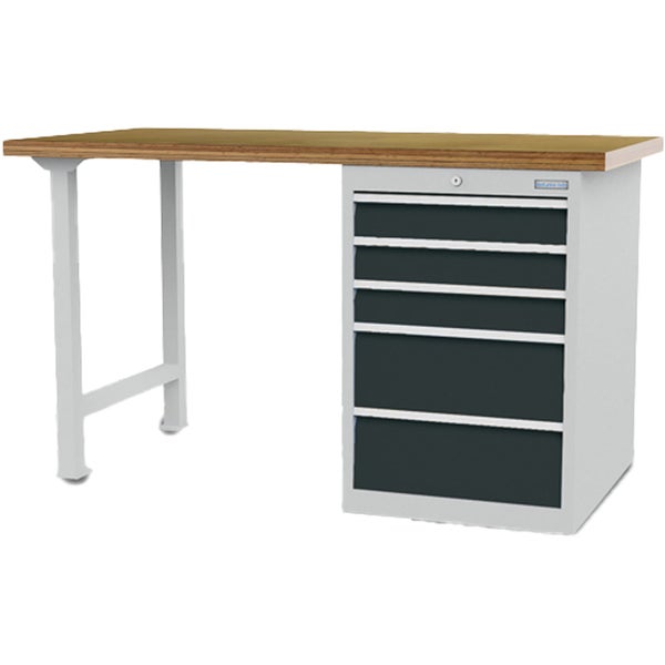 Werkstattschrank in Grau mit blauen Schubladen, eine Schublade auf Teleskopschienen weit ausgezogen.