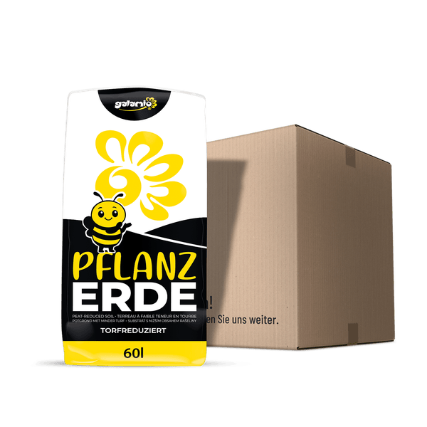 Galamio Pflanzerde torfreduziert 60 Liter Sack neben einem Karton