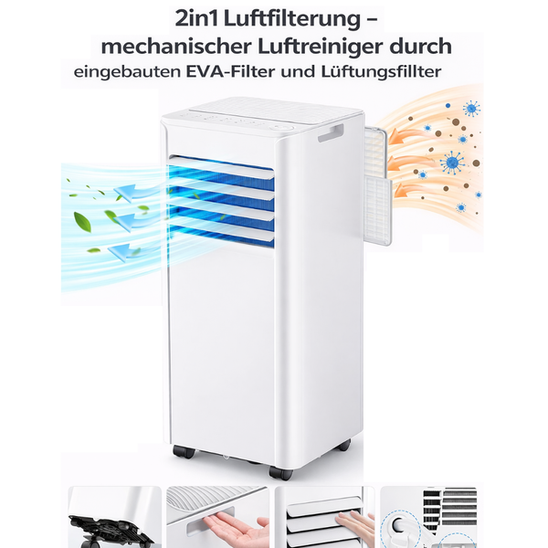 Mobiles Klimagerät mit 2 in 1 Luftfilterung, mechanischem Luftreiniger, EVA-Filter und Lüftungsfilter.