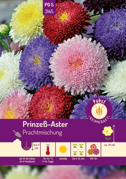 Samentüte für Prinzeß-Aster Prachtmischung mit bunten Blüten, Pabst Keimkraft Logo und Symbolen für Saattiefe, Keimtemperatur und Blütezeit.
