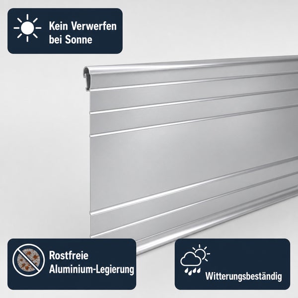 Rollladenpanzer Lamelle aus witterungsbeständiger und rostfreier Aluminiumlegierung, verwindungsfrei bei Sonneneinstrahlung.
