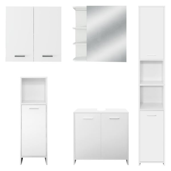 ML-Design Badmöbel-Set 5-teilig Badezimmermöbel Set Badmöbel Komplettset Spiegelschrank Waschtisch mit Unterschrank Hochschrank Badezimmerschrank Hängeschrank, Modernen Stil, Weiß, Holz, viel Stauraum