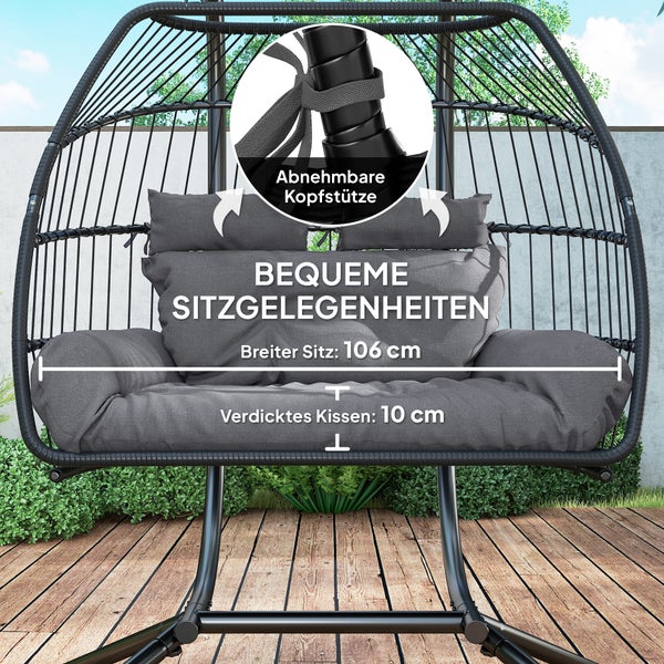 Outsunny Hängesessel mit Gestell faltbar Hängekorb mit Kissen Polyrattan Ergonomisch Hängeschaukel für 2 Personen Outdoor Hängestuhl belastbar bis 260kg Sessel für Balkon Terrasse Dunkelgrau