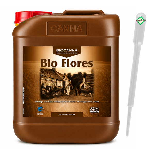 Biocanna Bio Flores Pflanzendünger im Kanister mit Dosierpipette für biologischen Anbau.