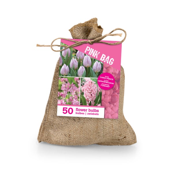 Jutesack Pink Bag mit 50 Blumenzwiebeln, darunter Tulipa Candy Prince, Allium Ostrowskianum und Hyacinthus Fondant.