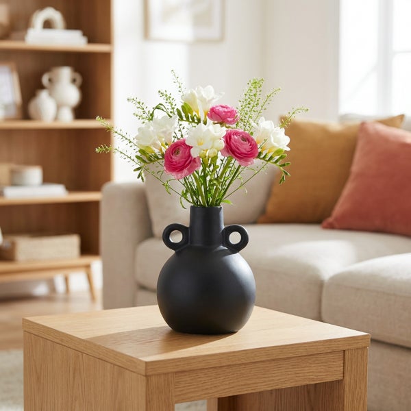 Blumenstrauß aus Ranunkeln und Freesien in einer modernen runden Keramikvase mit zwei Henkeln auf einem Holztisch in einem hellen Wohnzimmer