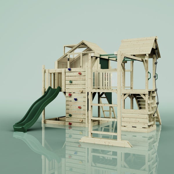 Spielanlage aus Holz mit Rutsche, Kletterwand, Leiter und Schaukel