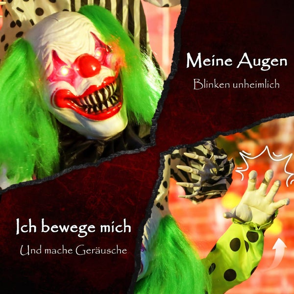 Animierte Halloween Gruselclown Dekoration mit Leuchteffekten und Soundfunktion für schaurige Atmosphäre.