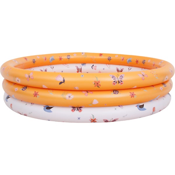 Aufblasbares Planschbecken für Kinder mit drei Ringen und Naturmotiven wie Schmetterlingen, Blumen und Vögeln.