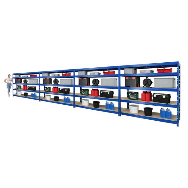 PROREGAL Mega Deal 4x Profi Schwerlastregal Rhino HxBxT 180 x 200 x 60 cm 5 Spanplatten-Ebenen 8mm Fachlast 500 kg Blau