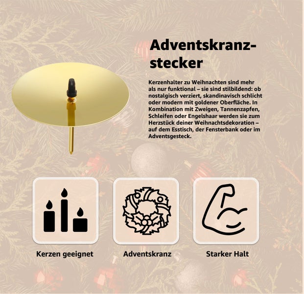 Kerzenhalter für Adventskranz mit Symbolen für Kerzeneignung, Adventskranz und starken Halt