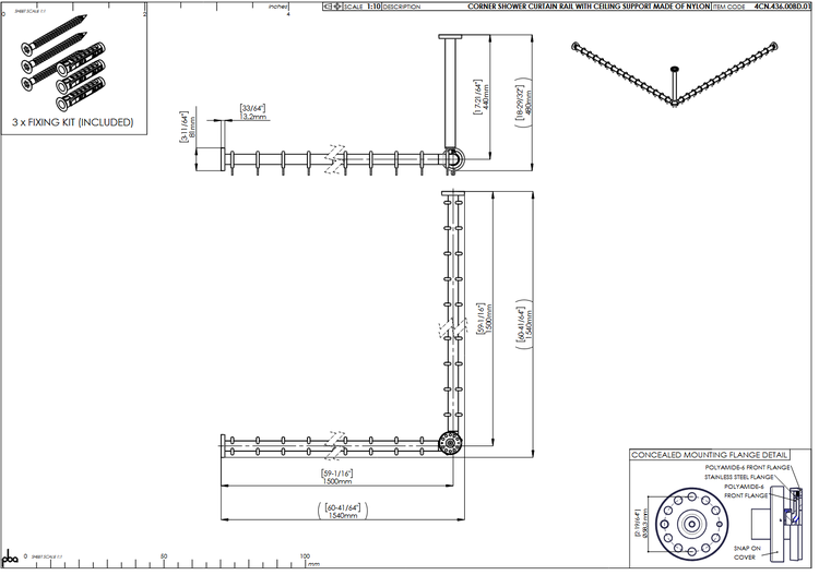 Technische Zeichnung einer Eck-Duschvorhangstange aus Nylon mit Deckenstütze, Maße 1500 mal 1500 Millimeter, inklusive Montageset.