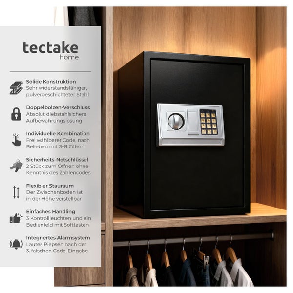 Schwarzer Tresor mit digitalem Zahlenschloss im Schrank