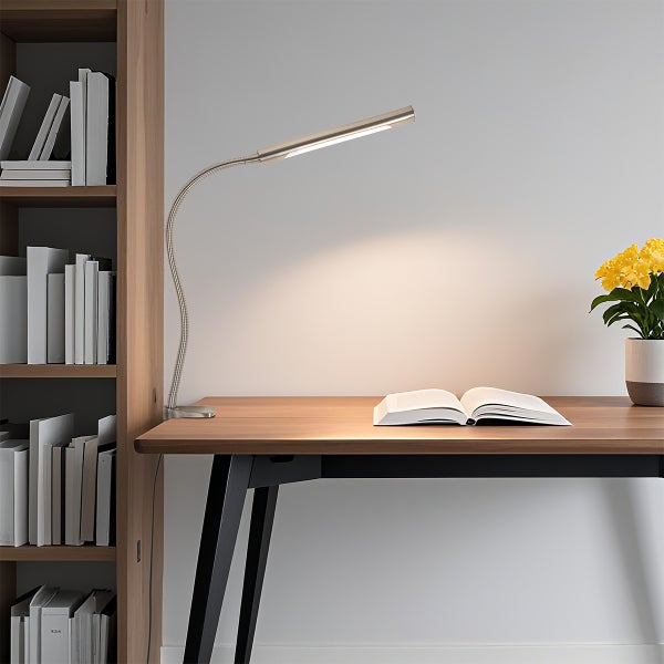 Arbeitsplatzszene mit Schreibtischlampe, Buch und Pflanze