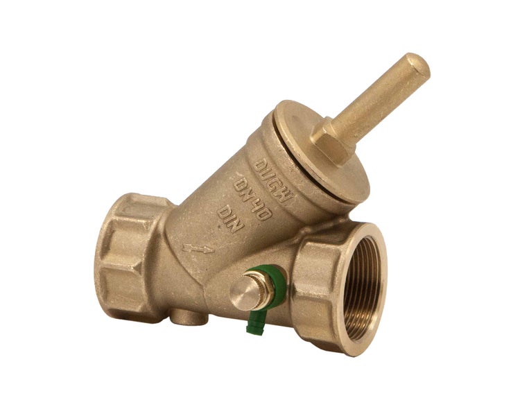 Schrägsitzventil aus Messing, Nennweite 40, DVGW-zertifiziert, mit Entleerungsventil.