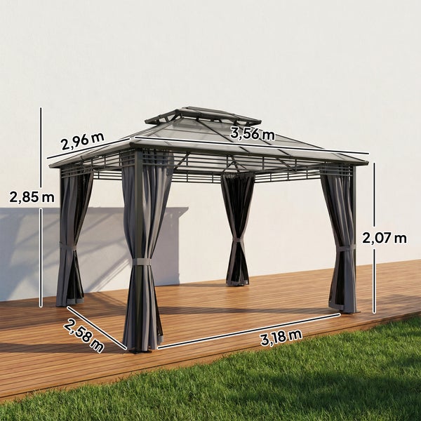Gartenpavillon mit Vorhängen und Festdach, Abmessungen: Höhe 2,85 Meter, Breite 3,56 Meter, Tiefe 2,96 Meter.