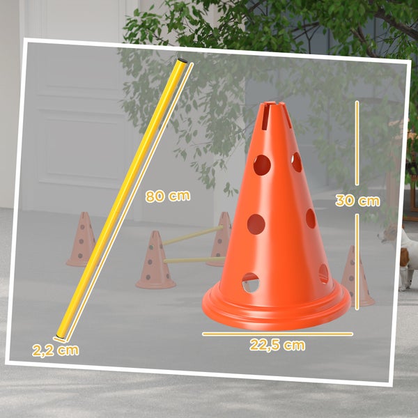 Hunde-Agility-Set: Hürdenstange 80 Zentimeter lang, 2,2 Zentimeter Durchmesser; Trainingskegel 30 Zentimeter hoch, 22,5 Zentimeter breit.