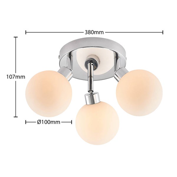 Deckenleuchte mit drei Leuchtenarmen und runden Lampenschirmen, Maße sind angegeben