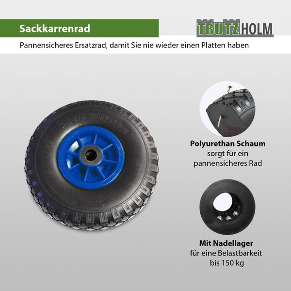 Pannensicheres Sackkarrenrad aus Polyurethan Schaum mit Nadellager fuer bis zu 150 Kilogramm Belastbarkeit und Trutz Holm Logo.