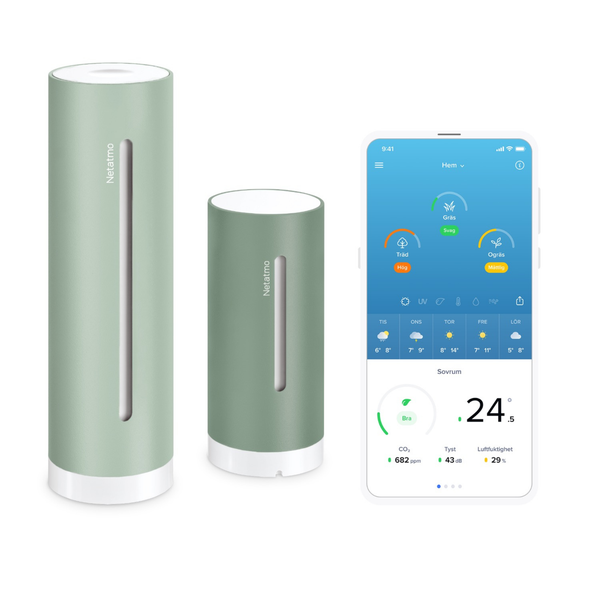 Netatmo Smarte Wetterstation mit zwei zylindrischen Modulen und Smartphone-App zur Überwachung von Temperatur, Luftfeuchtigkeit und Luftqualität.