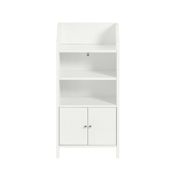 Weißes Regal mit drei offenen Fächern und zwei Türen