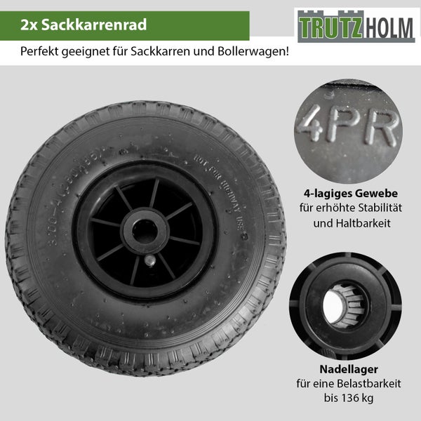 Set von zwei Trutz Holm Sackkarrenrädern mit Nadellager und vierlagigem Gewebe für Sackkarren und Bollerwagen.