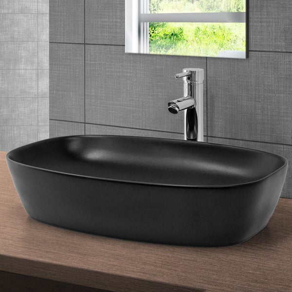 ML-Design Waschbecken aus Keramik Schwarz 605x385x140 mm mit Ablaufgarnitur, Abgerundeten Ecken, Aufsatzwaschbecken, Moderne Waschtisch, Waschschale Waschplatz Handwaschbecken, für Badezimmer/Gäste-WC
