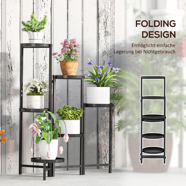 Outsunny 6-Etagen Pflanzenständer mit Tabletten, klappbar Blumenständer für Innen, Pflanzenregal aus Metall, mehrstöckig Blumenregal, 80cm hoch Blumentreppe blumensäule für Garten Balkon, Schwarz