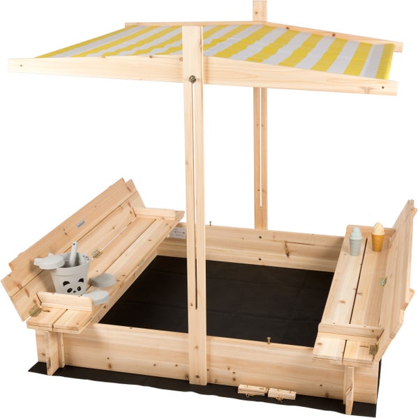 needs&wants® Sandkasten mit Abdeckung Dach Deckel Sitzbank und Boden, Sandkiste Holz quadratisch verschließbar UV-Sonnenschutz mit Bank Outdoor Garten für Kinder, Tanne gelb weiß braun