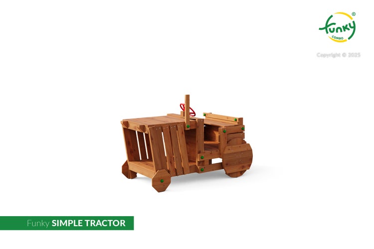 Spieltraktor aus Holz für Kinder mit rotem Lenkrad, grünen Schraubenkappen und Funky Combo Logo.