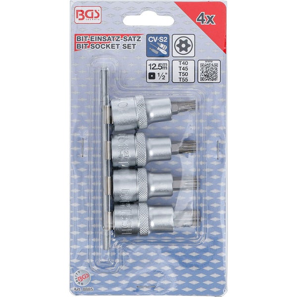 BGS Bit-Einsatz-Satz Antrieb Innenvierkant 12,5 mm (1/2) T-Profil (für Torx) mit Bohrung T40 - T55 4tlg. - 8885