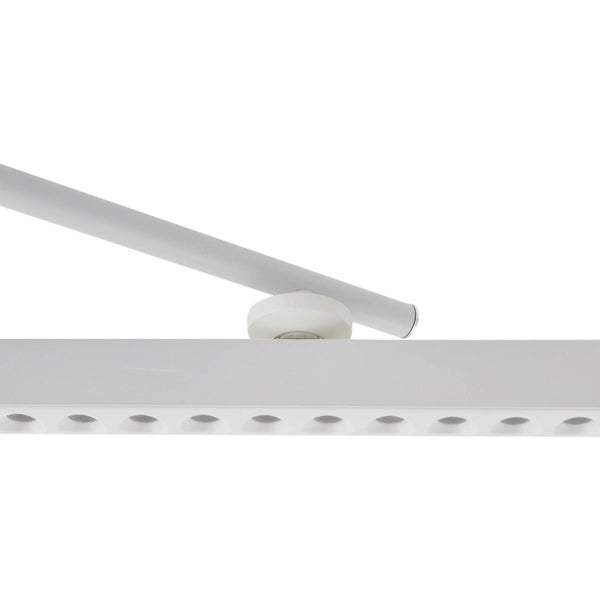 Weiße lineare LED-Leuchte mit runden Lichtpunkten und verstellbarem Montagearm.