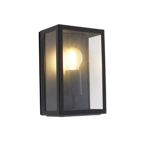 Rechteckige Außenwandleuchte aus schwarzem Metall mit Glaseinsätzen und leuchtendem Leuchtmittel.
