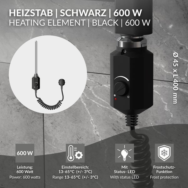 LuxeBath Heizstab 600W Schwarz für Badheizkörper, Heizpatrone mit Thermostat für Heizkörper, Elektronischer Temperaturregler, Heizelement mit Stecker, Elektroheizstab für Heizungen & Handtuchtrockner