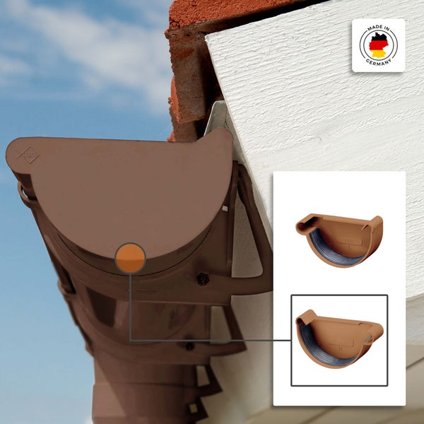 Braunes Rinnenendstück aus Kunststoff an einer Dachrinne montiert mit Detailansicht der Dichtung und Siegel Made in Germany.