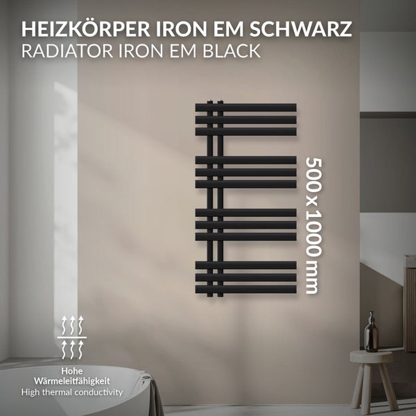 LuxeBath Design Badheizkörper Iron EM 500 x 1000 mm, Schwarz matt, Designheizkörper Paneelheizkörper Flachheizkörper Heizkörper Handtuchwärmer Handtuchtrockner Bad/Wohnraum Heizung, inkl. Montage-Set