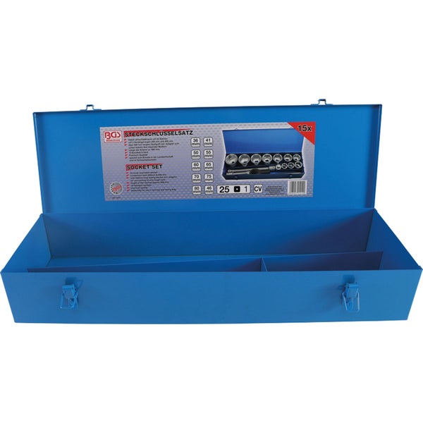 Blaue und schwarze Bosch Werkzeugtasche aus Textil mit Schultergurt, Tragegriffen und Bosch Logo.