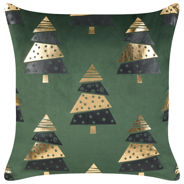 Quadratisches Dekokissen mit weihnachtlichem Tannenbaum Muster und glänzenden Verzierungen.