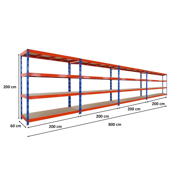 PROREGAL Mega Deal 4x Profi Schwerlastregal Rhino HxBxT 200x200x60cm 4 Spanplatten-Ebenen 8mm Fachlast 500kg Blau-Orange