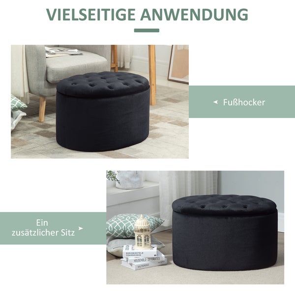 HOMCOM Sitzbank mit Stauraum, Ovale Form, Flur, Schlafzimmer, Wohnzimmer, 71 x 52 x 42 cm, samtartiges Polyester, Schwarz